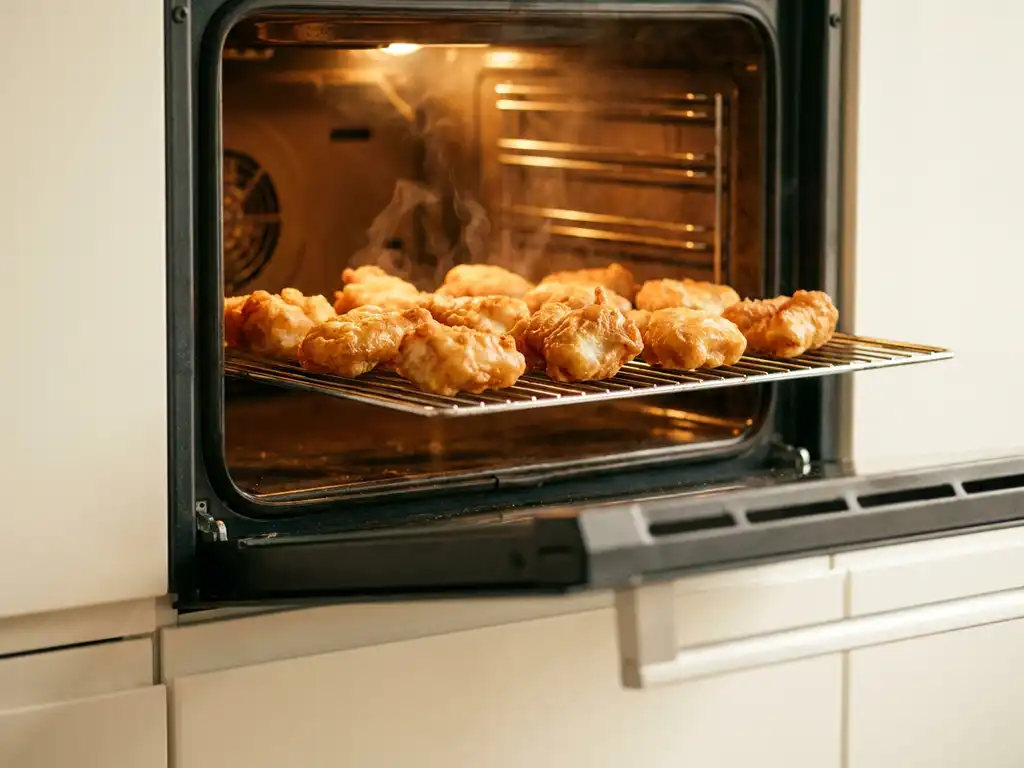 Goudbruin gebakken kibbeling op een rooster in een hete oven, stoom stijgt op van het krokante beslag, warme amberkleurige tinten.