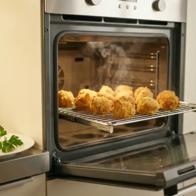 Goudbruine kibbeling op een rooster in een moderne oven, met knapperige coating en een takje verse peterselie op wit keramiek.