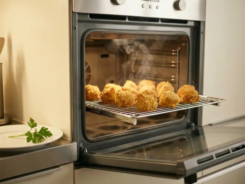 Goudbruine kibbeling op een rooster in een moderne oven, met knapperige coating en een takje verse peterselie op wit keramiek.