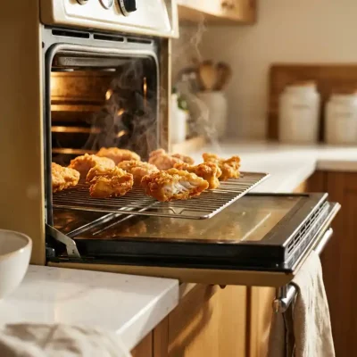 Goudbruin gebakken kibbeling op een rooster in een voorverwarmde oven, met krokante korst en licht opstijgende stoom.