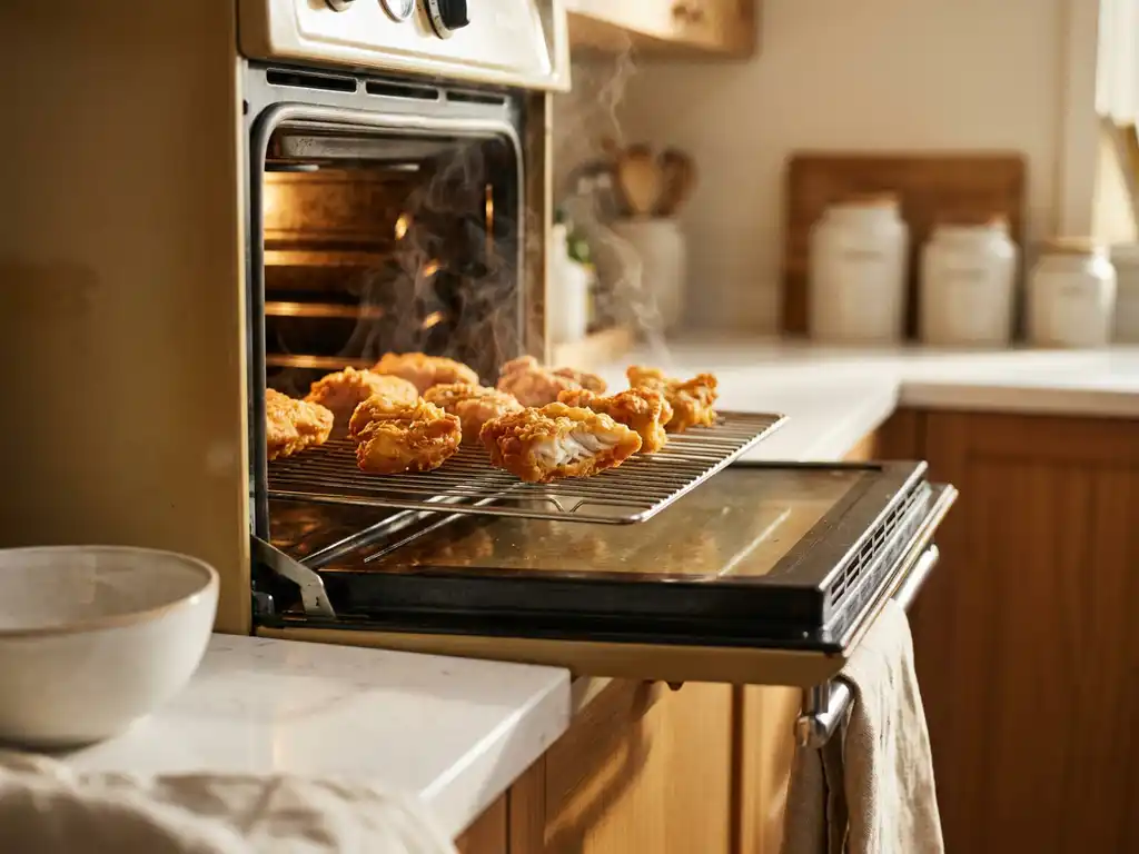 Goudbruin gebakken kibbeling op een rooster in een voorverwarmde oven, met krokante korst en licht opstijgende stoom.