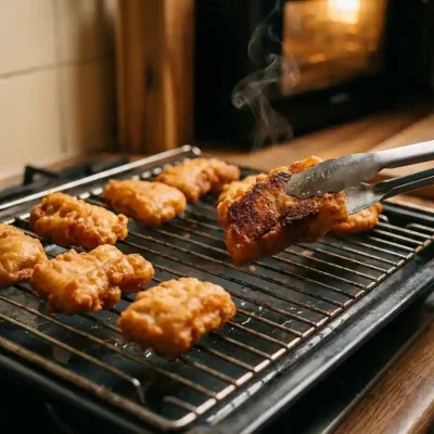Knapperige kibbeling op een ovenrooster, met een tang die een stukje omdraait en de goudbruine onderkant onthult.