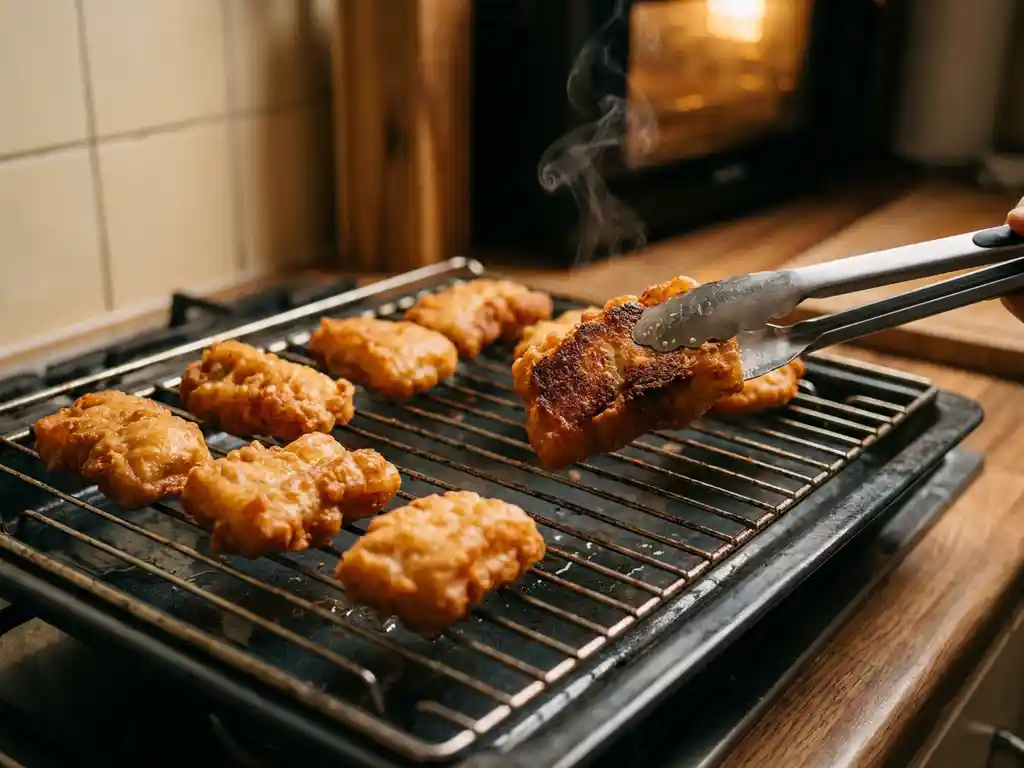 Knapperige kibbeling op een ovenrooster, met een tang die een stukje omdraait en de goudbruine onderkant onthult.