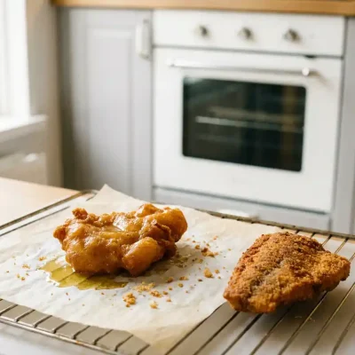 Goudbruin gebakken kibbeling op een afkoelrek naast een krokant ovengebakken stuk, met kruimels en olie op bakpapier.