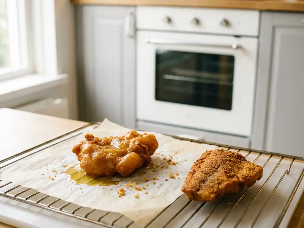 Goudbruin gebakken kibbeling op een afkoelrek naast een krokant ovengebakken stuk, met kruimels en olie op bakpapier.