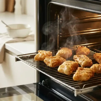 Knapperige kibbeling op een rooster in de oven, met goudbruin beslag en licht opstijgende stoom.