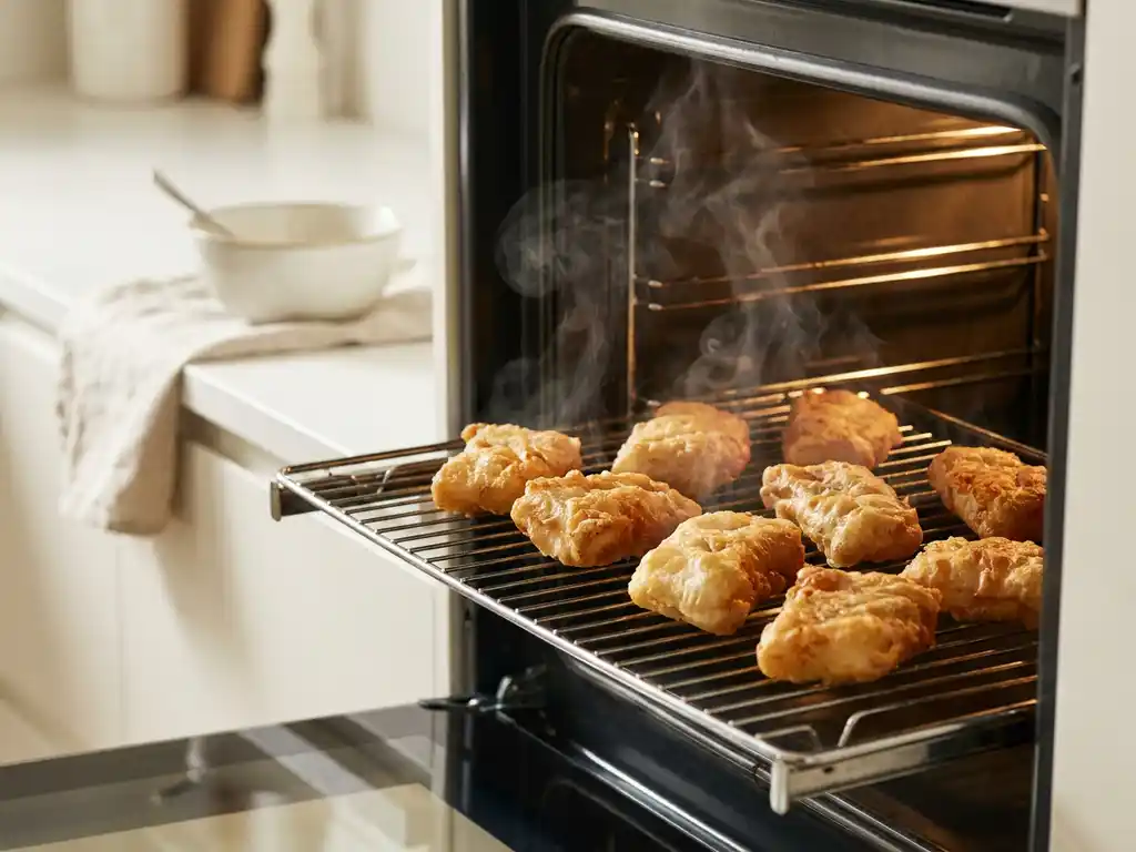 Knapperige kibbeling op een rooster in de oven, met goudbruin beslag en licht opstijgende stoom.
