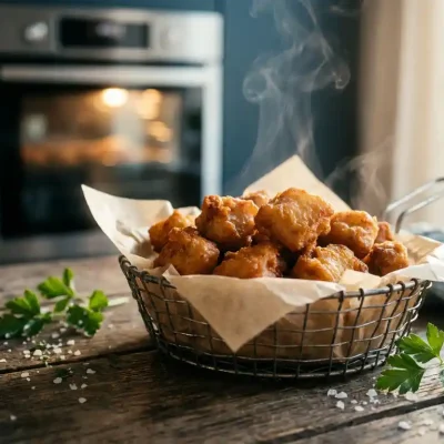 Goudbruine kibbeling in een rustieke mand met bakpapier, verse peterselie en zeezoutvlokken op een eikenhouten ondergrond.