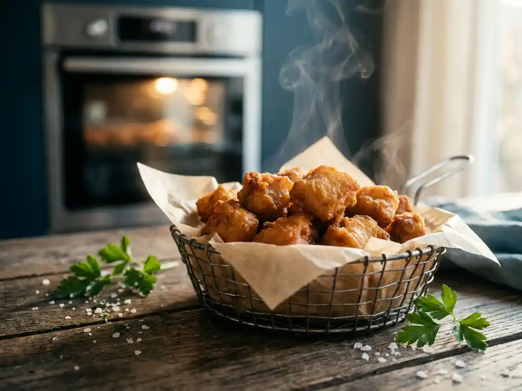 Goudbruine kibbeling in een rustieke mand met bakpapier, verse peterselie en zeezoutvlokken op een eikenhouten ondergrond.