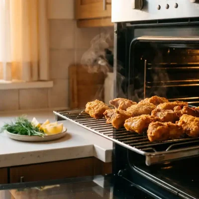 Knapperige kibbeling op een rooster in de oven, met stoom boven de goudbruine korst en citroenpartjes en verse kruiden ernaast.