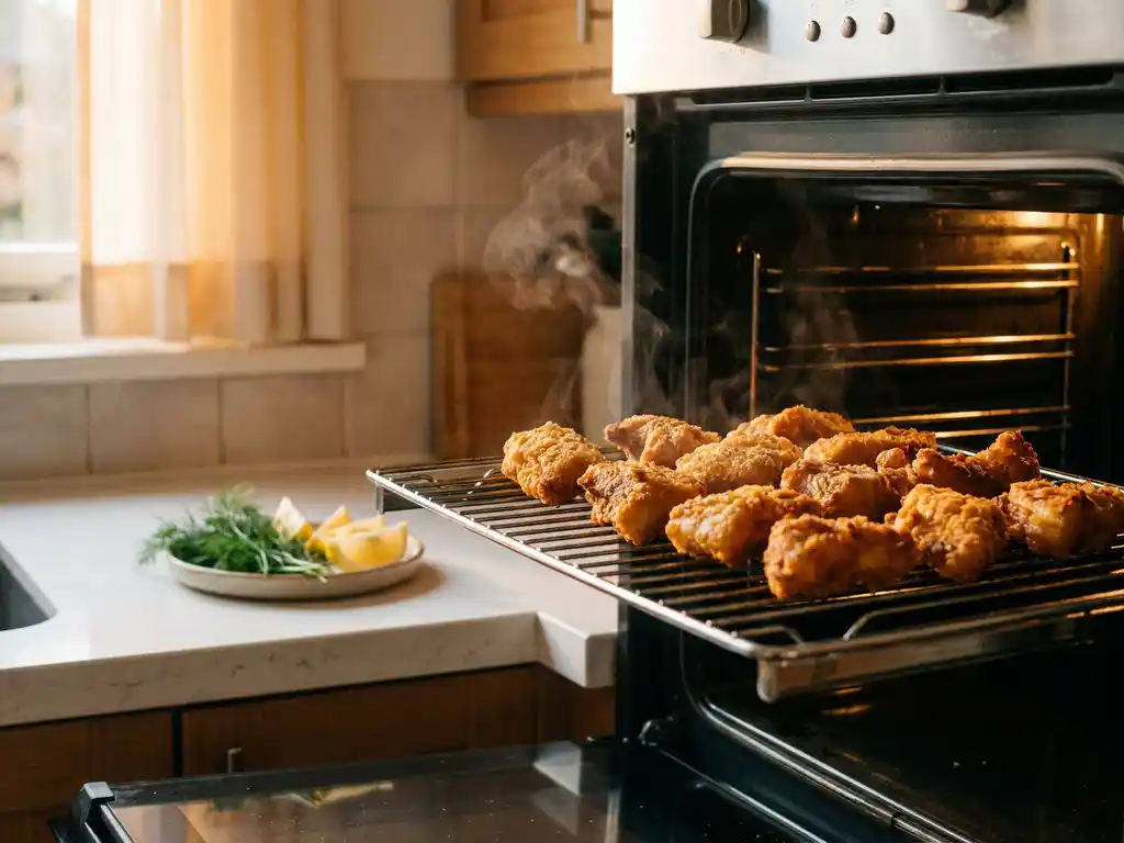 Knapperige kibbeling op een rooster in de oven, met stoom boven de goudbruine korst en citroenpartjes en verse kruiden ernaast.