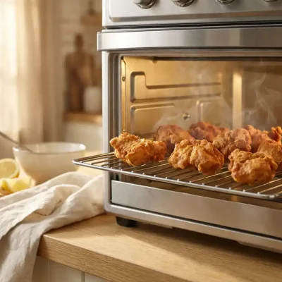 Knapperig gebakken kibbeling op een rooster in de oven, met citroenpartjes en een linnen theedoek op een licht houten oppervlak.