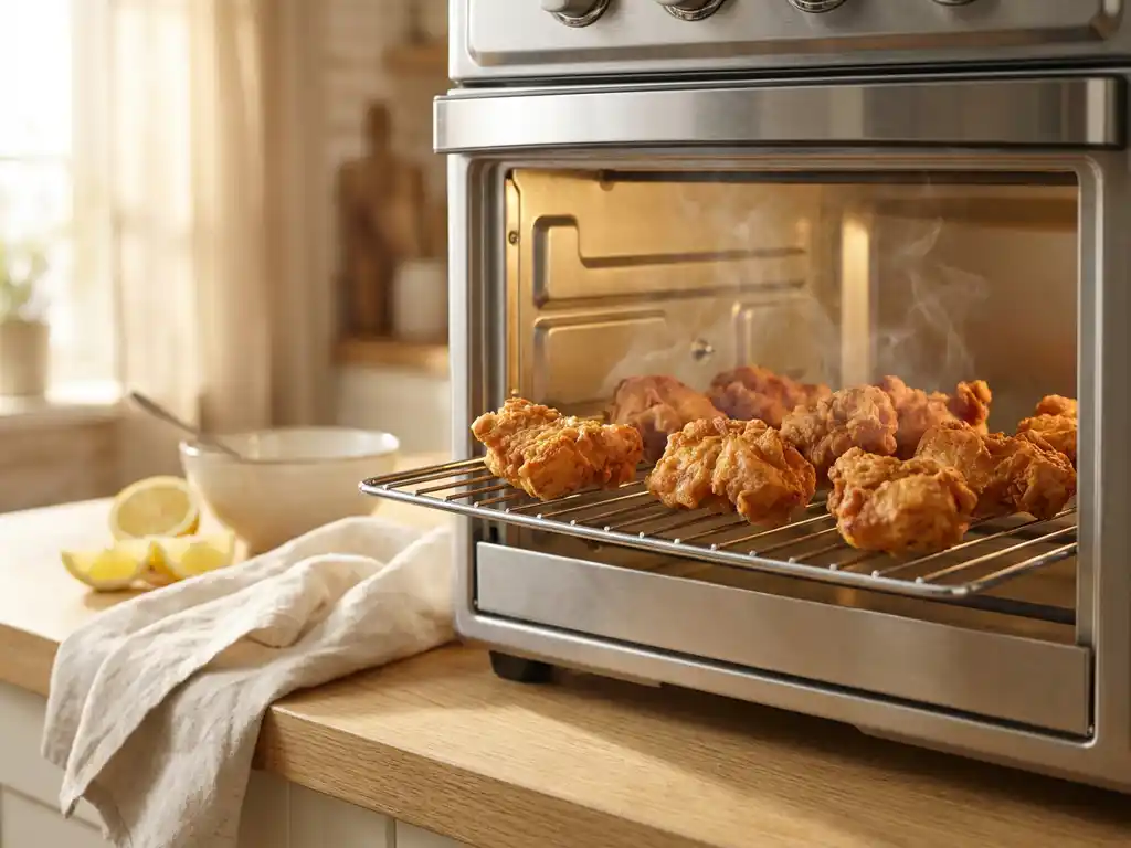 Knapperig gebakken kibbeling op een rooster in de oven, met citroenpartjes en een linnen theedoek op een licht houten oppervlak.