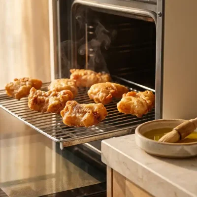 Knapperige kibbeling op een rooster in de oven, met een schaaltje olijfolie en kwast op een stenen aanrecht.