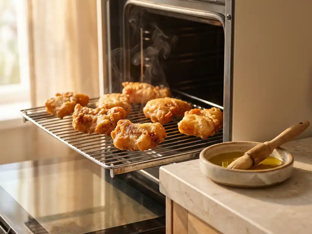 Knapperige kibbeling op een rooster in de oven, met een schaaltje olijfolie en kwast op een stenen aanrecht.