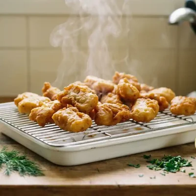 Goudbruine kibbeling uit de oven op een rooster, met verse kruiden, citroen en rijzende stoom boven een witte bakplaat.