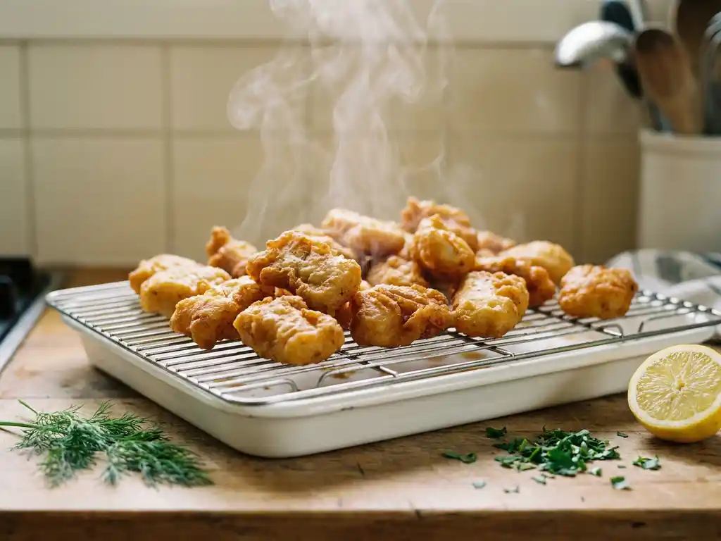 Goudbruine kibbeling uit de oven op een rooster, met verse kruiden, citroen en rijzende stoom boven een witte bakplaat.