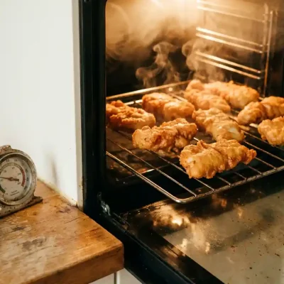 Knapperige kibbeling op een rooster in de oven, met stoom en een goudbruin korstje, thermometer op houten ondergrond.