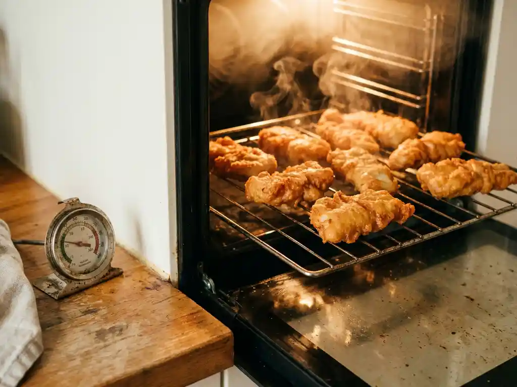 Knapperige kibbeling op een rooster in de oven, met stoom en een goudbruin korstje, thermometer op houten ondergrond.