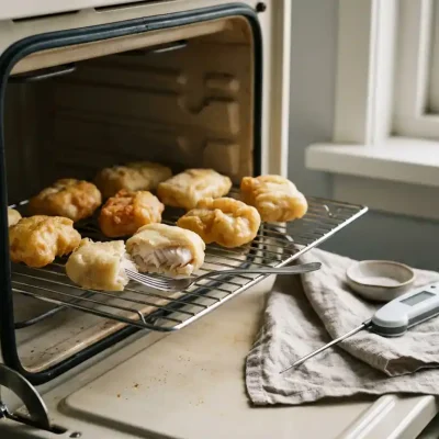 Kibbeling op een rooster in de oven, één stuk opengebroken met zacht wit visvlees en een licht teleurstellend bleek korstje.