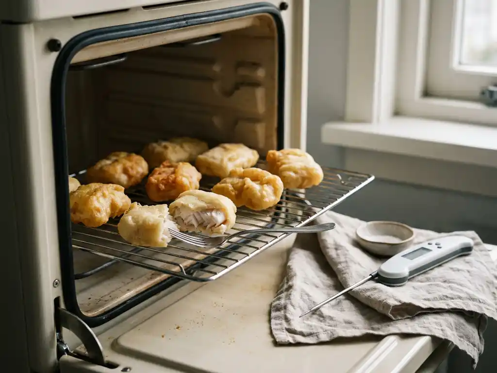 Kibbeling op een rooster in de oven, één stuk opengebroken met zacht wit visvlees en een licht teleurstellend bleek korstje.