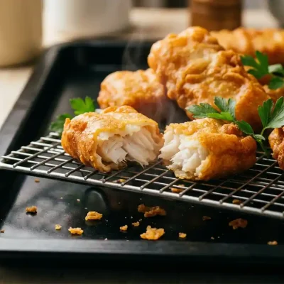 Goudgebakken kibbeling op een rooster, één stuk opengebroken met wit schilferig visvlees, verse peterselie ernaast.
