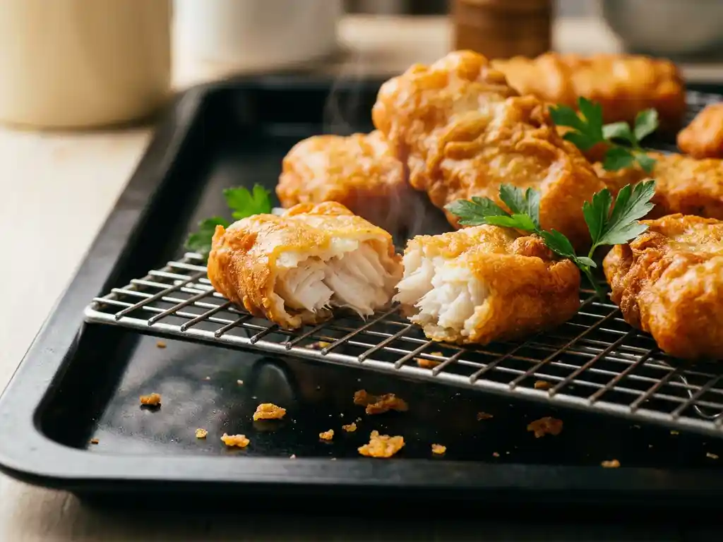Goudgebakken kibbeling op een rooster, één stuk opengebroken met wit schilferig visvlees, verse peterselie ernaast.