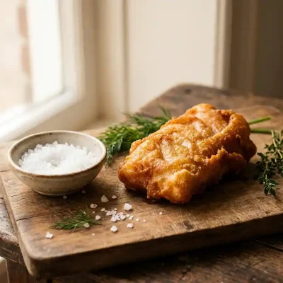 Goudbruin gebakken kibbeling op rustiek hout, met grof zeezout in keramieken schaaltje, verse kruiden en citroenhelft.