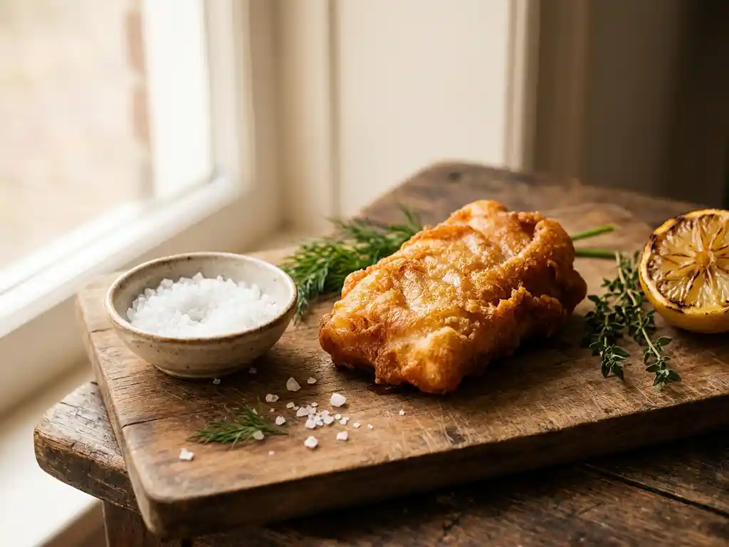 Goudbruin gebakken kibbeling op rustiek hout, met grof zeezout in keramieken schaaltje, verse kruiden en citroenhelft.