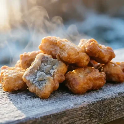 Bevroren kibbeling op een rijpbeslagen houten ondergrond, één stuk met vriesbrand en grijze plekken tussen de goudbruine krokante stukken.