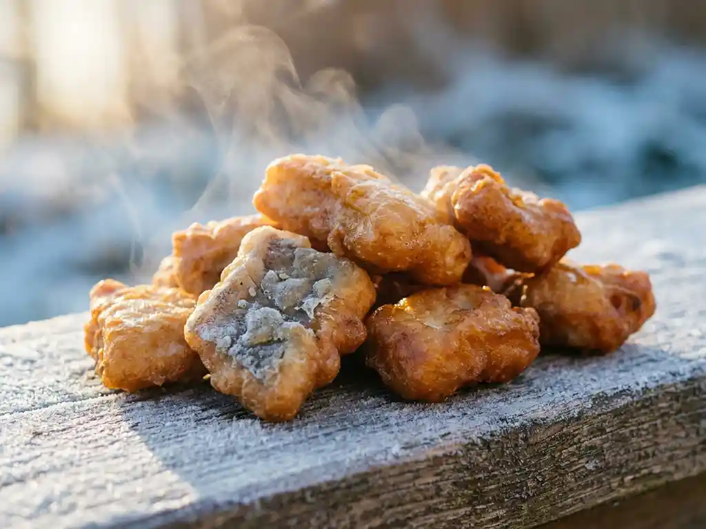Bevroren kibbeling op een rijpbeslagen houten ondergrond, één stuk met vriesbrand en grijze plekken tussen de goudbruine krokante stukken.
