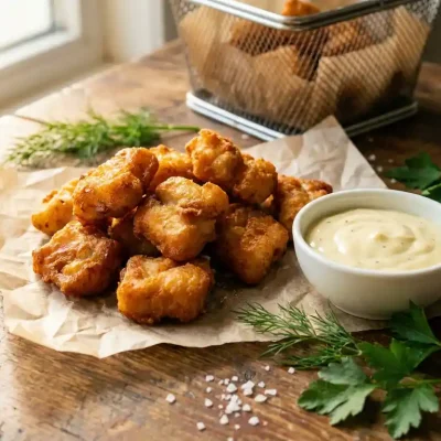 Knapperige kibbeling uit de airfryer op bakpapier, met een schaaltje romige dipsaus, verse kruiden en zeezoutvlokken op een houten ondergrond.