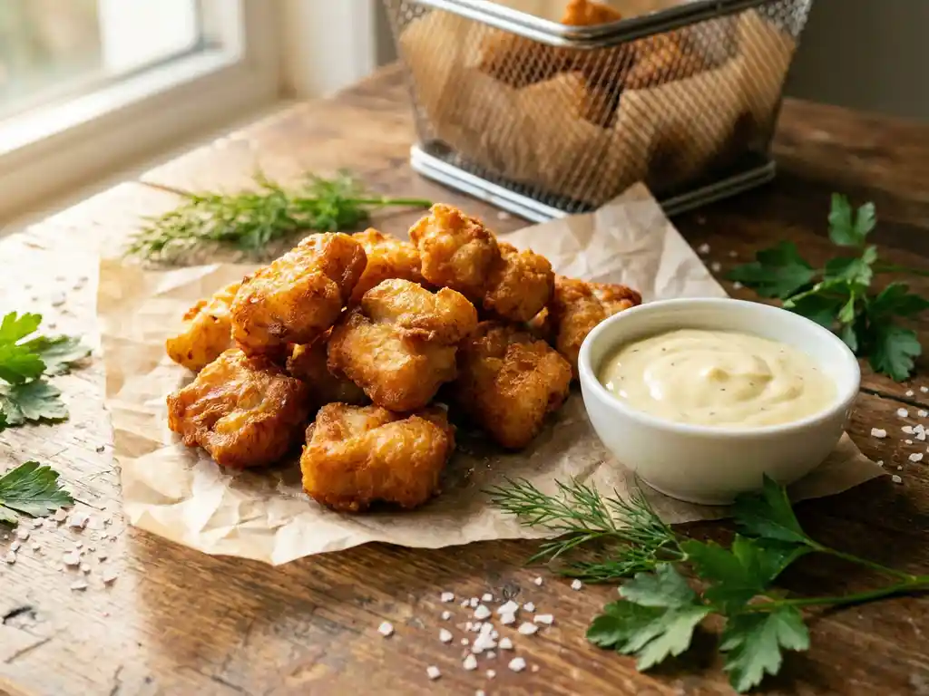 Knapperige kibbeling uit de airfryer op bakpapier, met een schaaltje romige dipsaus, verse kruiden en zeezoutvlokken op een houten ondergrond.