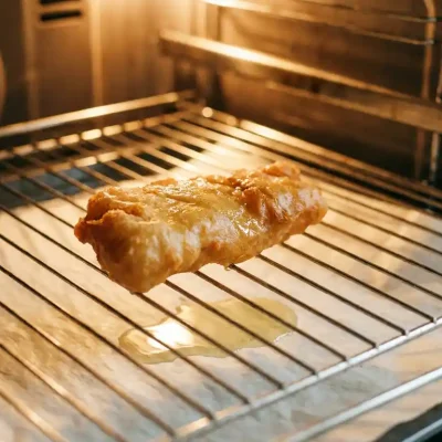 Knapperig gebakken kibbeling op een rooster met een licht glanzend beslag en perkamentpapier eronder.