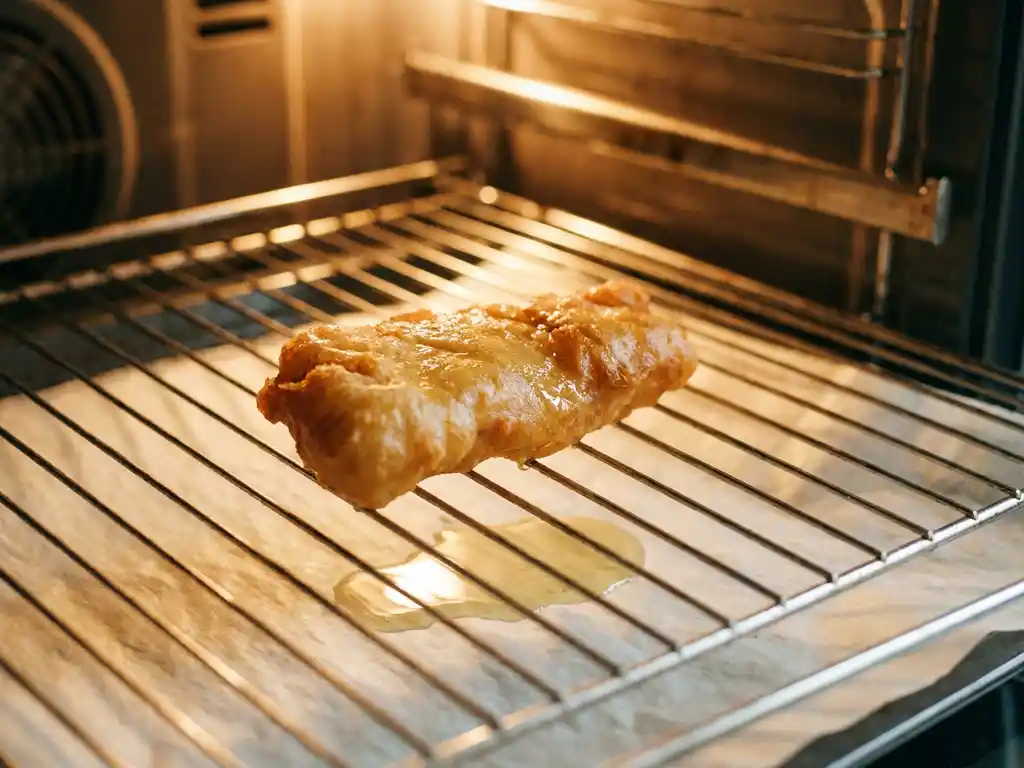 Knapperig gebakken kibbeling op een rooster met een licht glanzend beslag en perkamentpapier eronder.