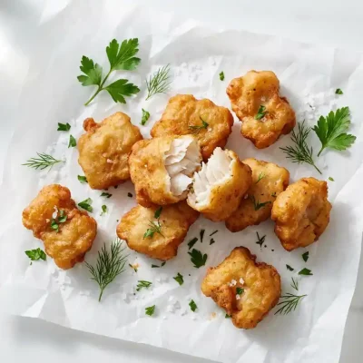 Goudbruin gebakken kibbeling op bakpapier, één stuk opengebroken met vlokkerig wit visvlees, omringd door verse kruiden en grof zeezout.