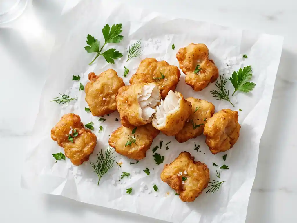 Goudbruin gebakken kibbeling op bakpapier, één stuk opengebroken met vlokkerig wit visvlees, omringd door verse kruiden en grof zeezout.
