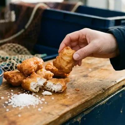 Goudbruine kibbeling op een verweerde houten viskraam, enkele stukken opengebroken met wit, schilferig visvlees en grof zeezout ernaast.