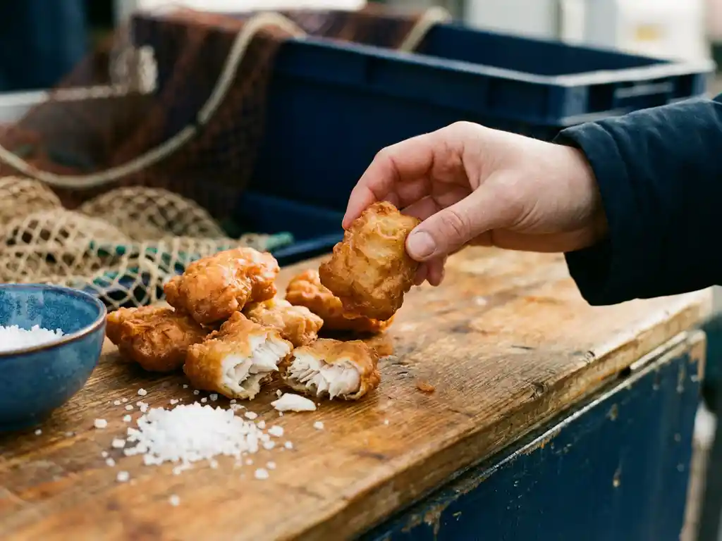 Goudbruine kibbeling op een verweerde houten viskraam, enkele stukken opengebroken met wit, schilferig visvlees en grof zeezout ernaast.