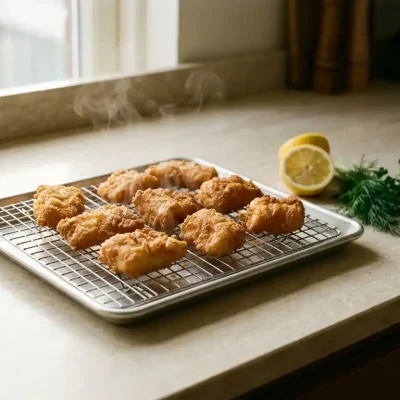 Goudbruin gebakken kibbeling op een rooster met stoomwolkjes, gehalveerde citroen en verse kruiden op een stenen aanrecht.