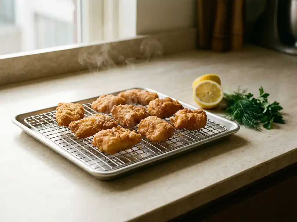 Goudbruin gebakken kibbeling op een rooster met stoomwolkjes, gehalveerde citroen en verse kruiden op een stenen aanrecht.