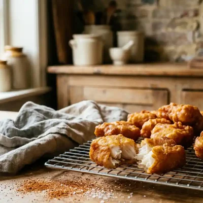 Goudbruin gebakken kibbeling op een afkoelrek, één stuk opengebroken met vlokkerig wit visvlees zichtbaar, in een rustieke keuken.