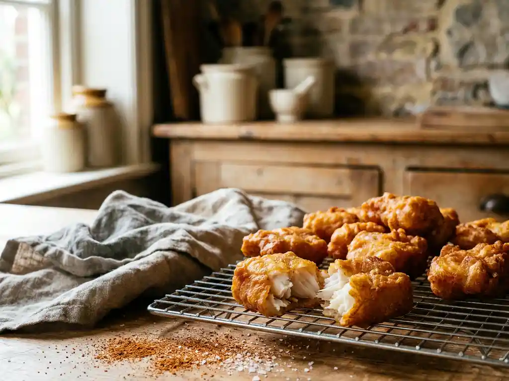 Goudbruin gebakken kibbeling op een afkoelrek, één stuk opengebroken met vlokkerig wit visvlees zichtbaar, in een rustieke keuken.