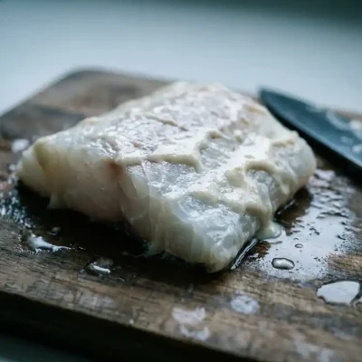 Waterig witvis filet op natte snijplank met dunne, slecht hechtende beslag, close-up shot.