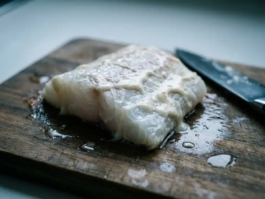 Waterig witvis filet op natte snijplank met dunne, slecht hechtende beslag, close-up shot.